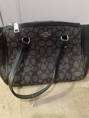 Coach Black Signature Canvas Tote with Leather Trim